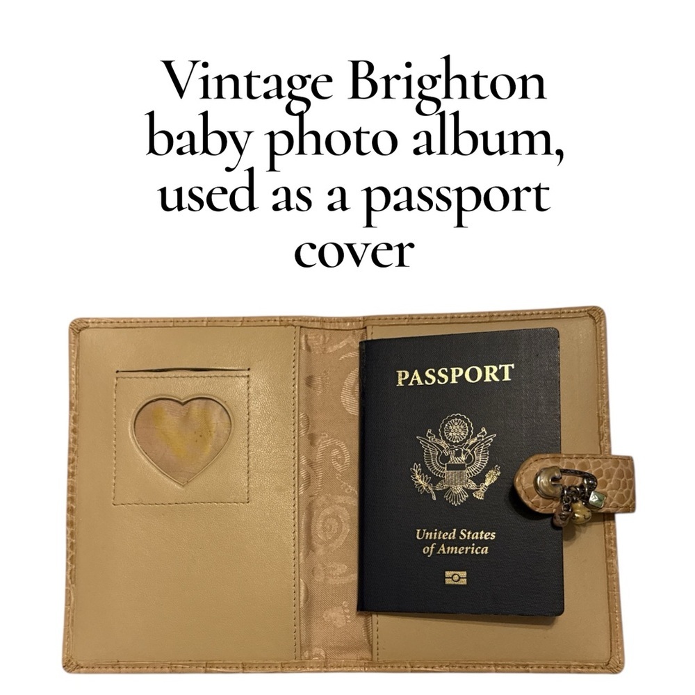 Vintage Brighton Baby Photo Album Passport Cover Beige Croc Heart Charm